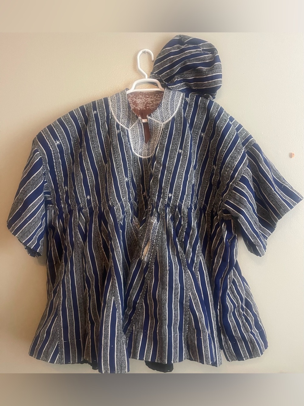 African Traditional Handwoven Heavyweight Smock Wear With Hat Navy and White